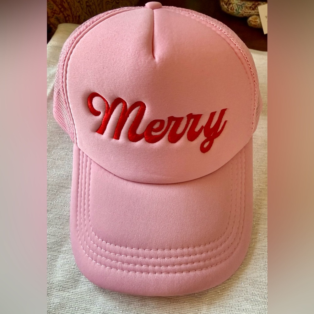 Brand New Pink Cap with Red 'Merry' Embroidery